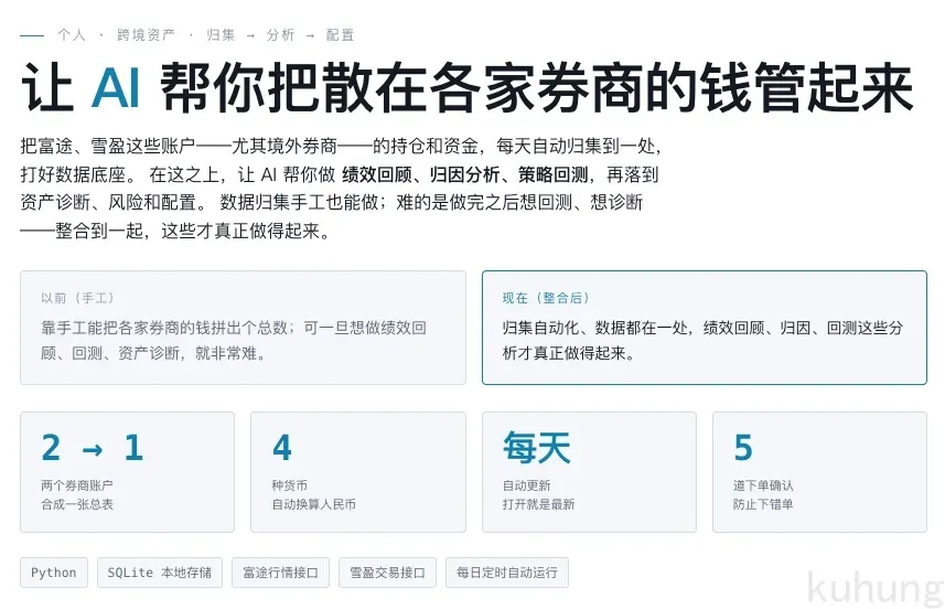 系统概览:让 AI 帮你把散在各家券商的钱管起来,2 个账户合成一张总表,4 种货币自动折算