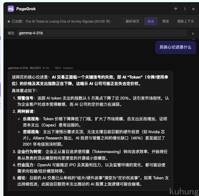 PageGrok 解读截图：核心论述为 AI 交易正面临关键信号失效，Token 价格及支出指数下降，暗示 AI 公司可能正在失去定价权